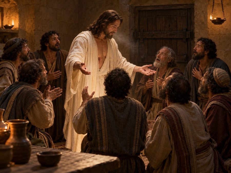 The risen Jesus in the upper room breathing on the astonished apostles, His wounded hands open